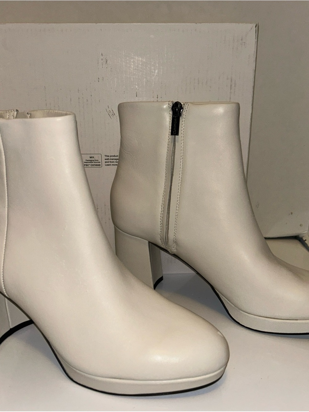 Calvin Klein Cream Leather Ankle Booties with Side Zip